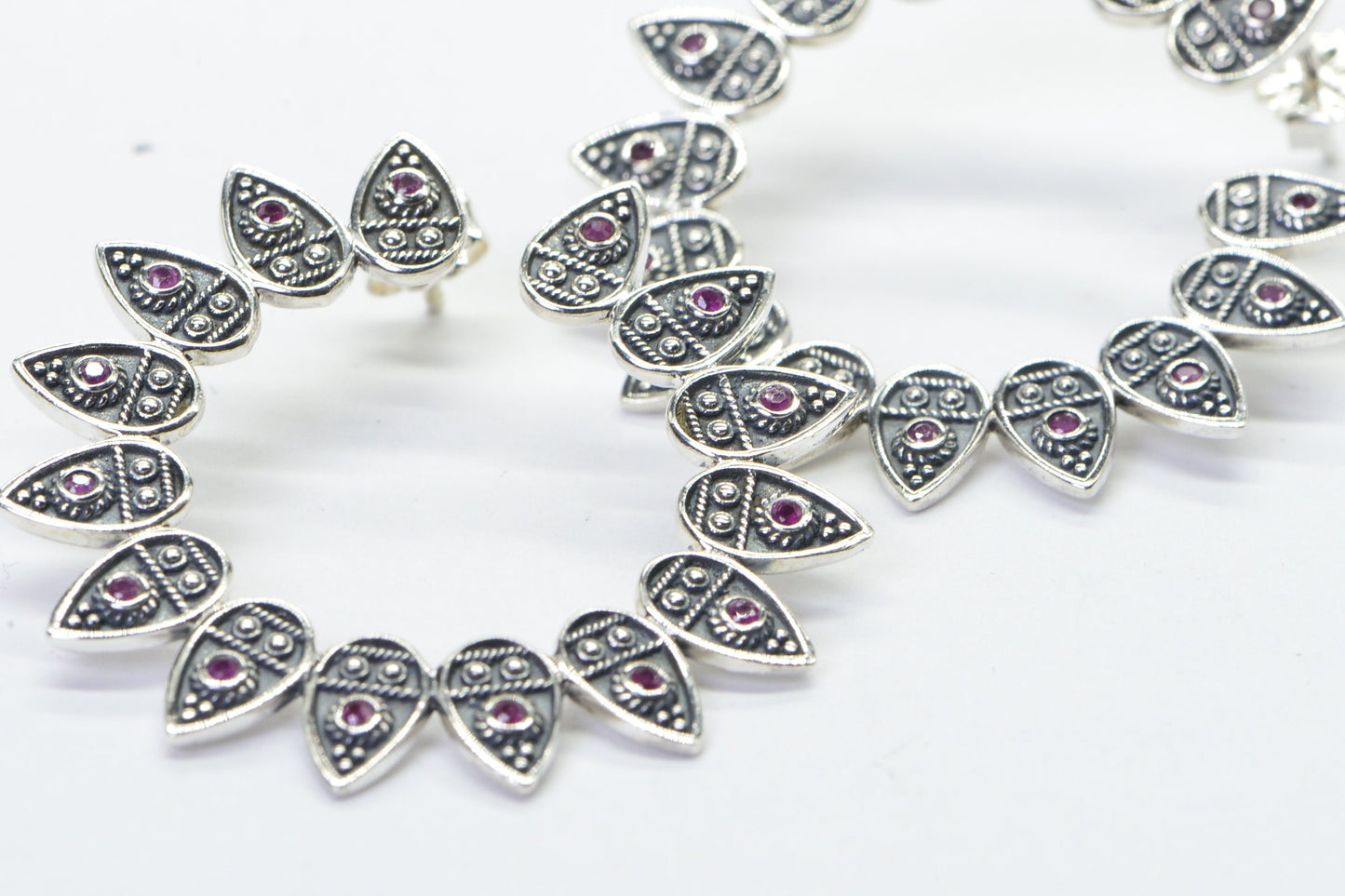 Vintage Sterling Silver Ruby Hoop Earrings: Artisan Crafted Floral Design