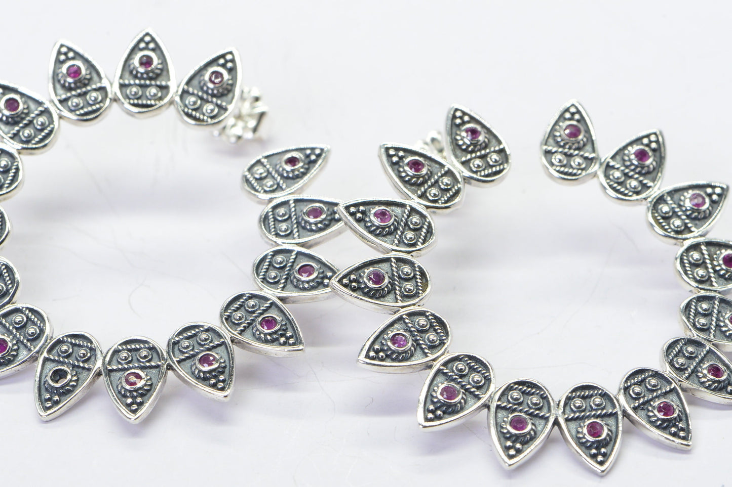 Vintage Sterling Silver Ruby Hoop Earrings: Artisan Crafted Floral Design