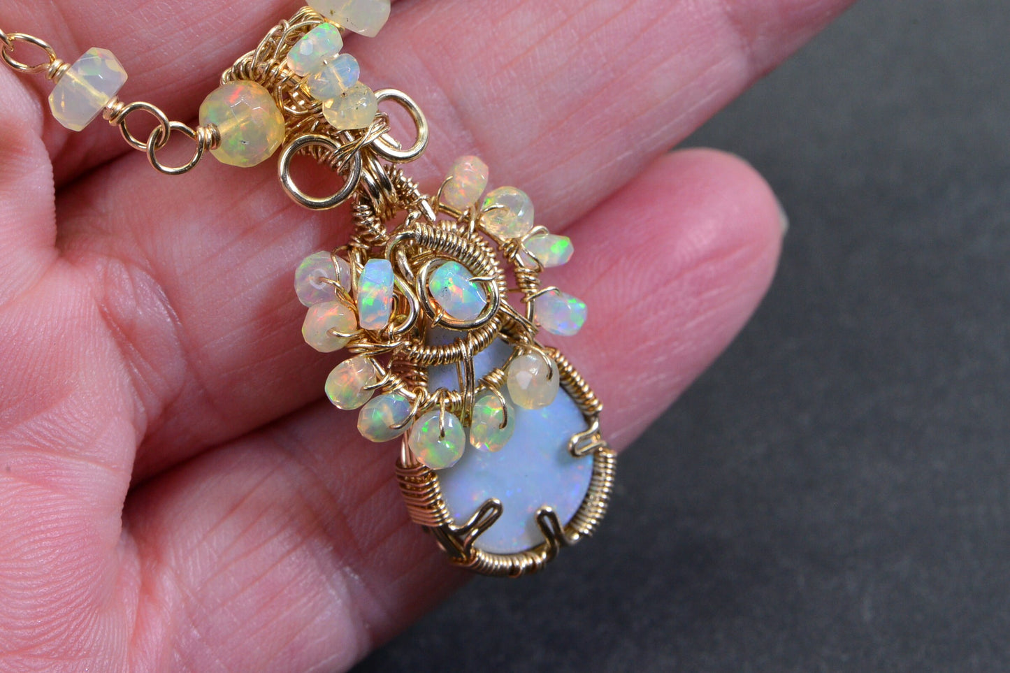 Australian Opal & Ethiopian Welo Opal Necklace, 14K Gold Filled Wire Wrapped Pendant