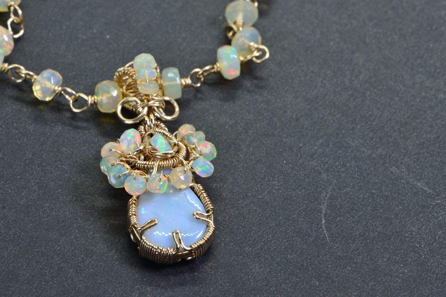 Australian Opal & Ethiopian Welo Opal Necklace, 14K Gold Filled Wire Wrapped Pendant