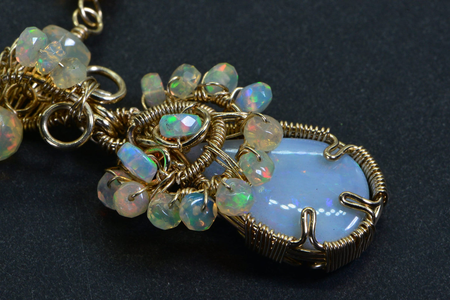 Australian Opal & Ethiopian Welo Opal Necklace, 14K Gold Filled Wire Wrapped Pendant