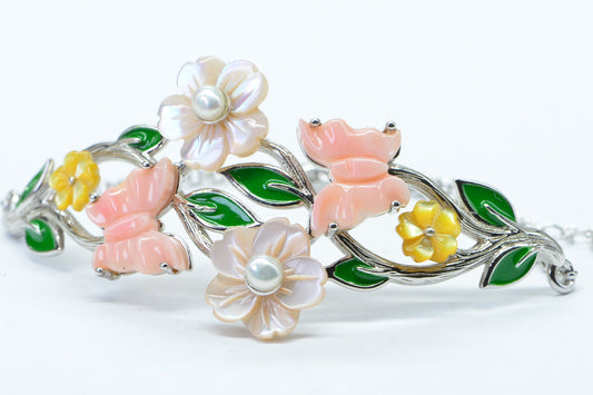 Butterfly Flower Pearl Bracelet: Enamel Sterling Silver Link Bracelet