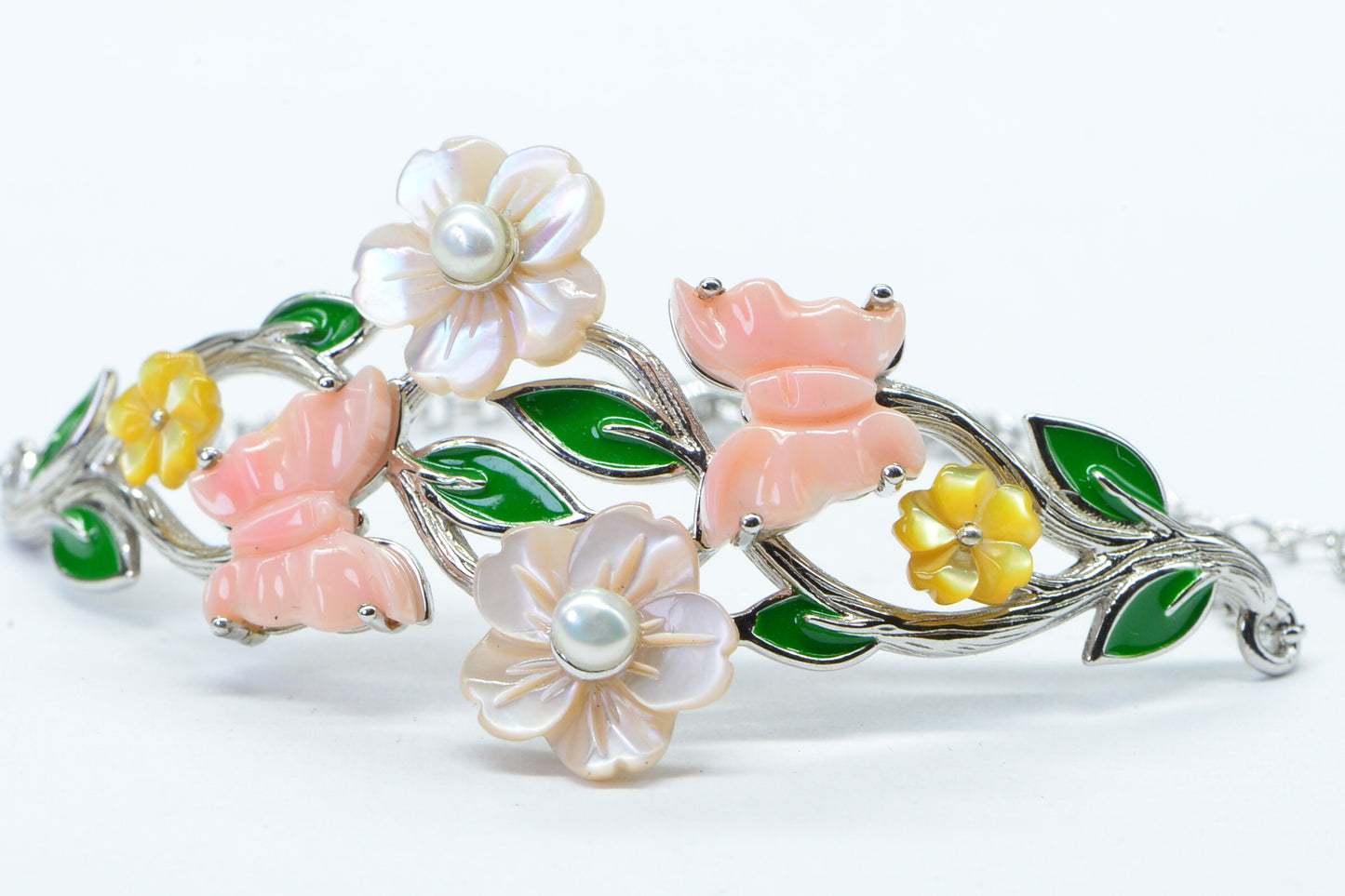 Butterfly Flower Pearl Bracelet: Enamel Sterling Silver Link Bracelet