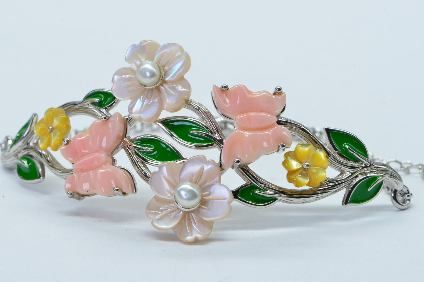 Butterfly Flower Pearl Bracelet: Enamel Sterling Silver Link Bracelet