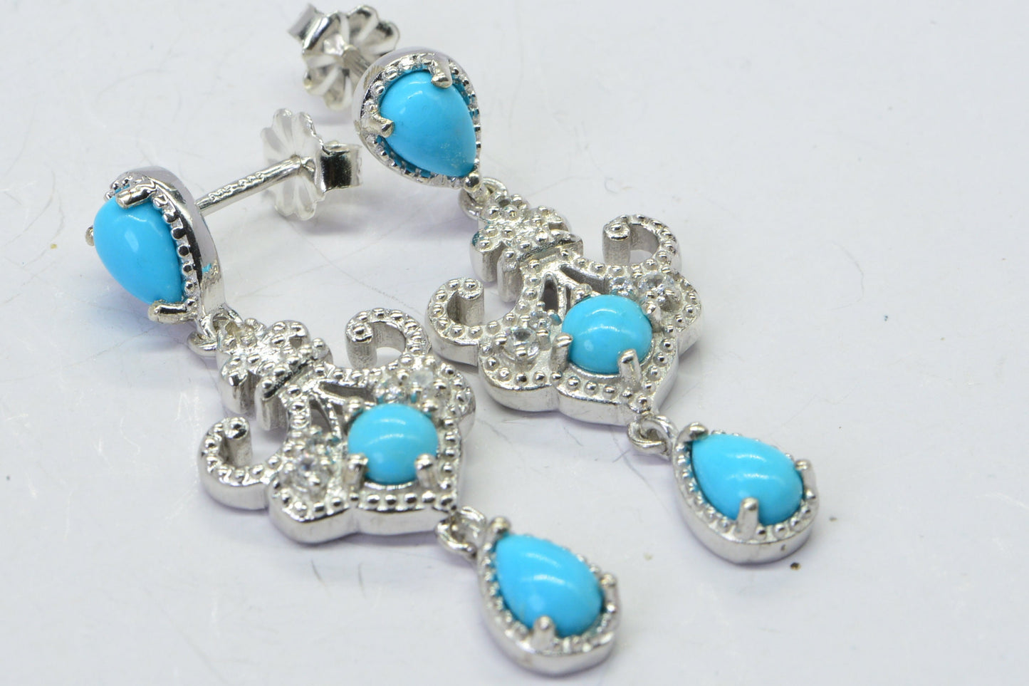 Arizona Turquoise Sleeping Beauty Stud Dangle Earrings Fancy  Design Earrings Sterling Silver Simulated Diamond