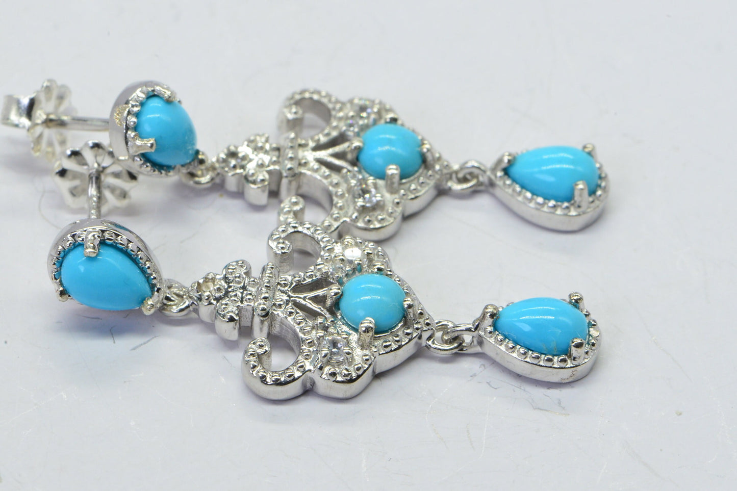 Arizona Turquoise Sleeping Beauty Stud Dangle Earrings Fancy  Design Earrings Sterling Silver Simulated Diamond
