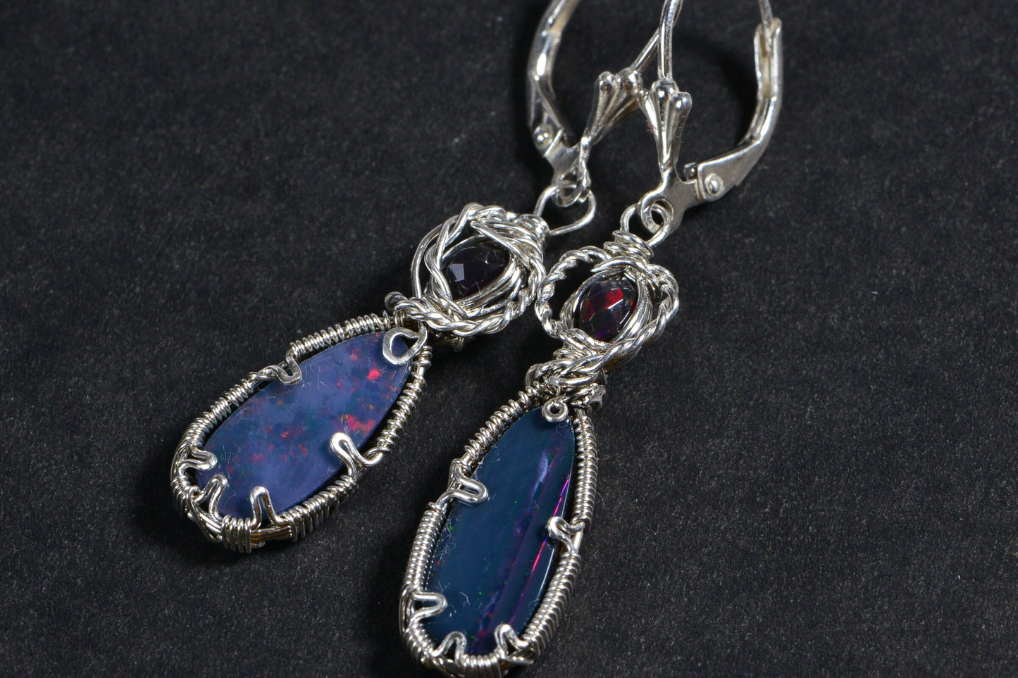 Australian Black Opal Earrings  Wire Wrapped In Sterling Silver Long Opal Teardrops Birthstone Jewelry
