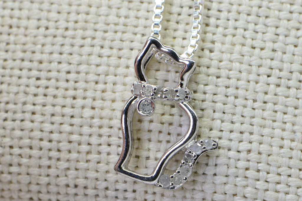 Diamond Cat Pendant: Vintage Sterling Silver Kitty Necklace