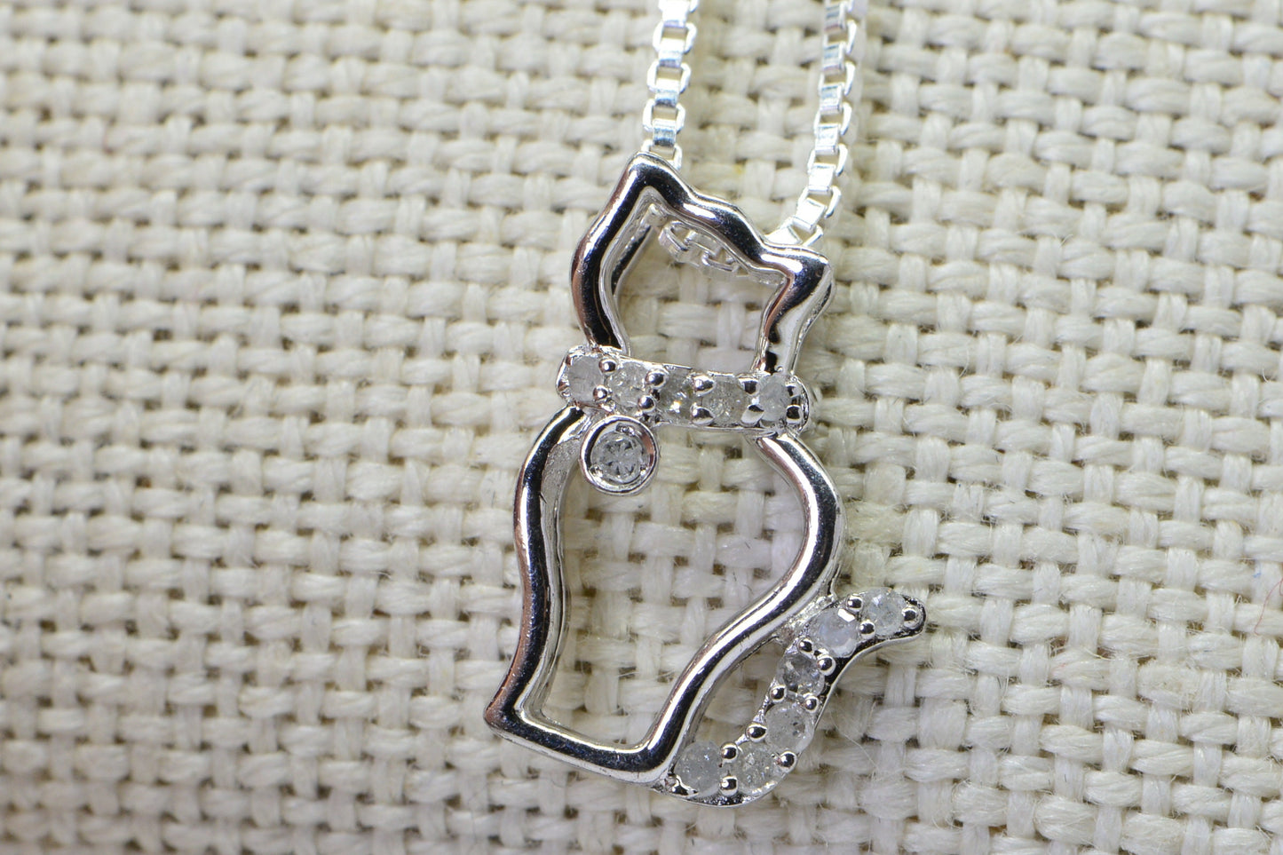 Diamond Cat Pendant: Vintage Sterling Silver Kitty Necklace