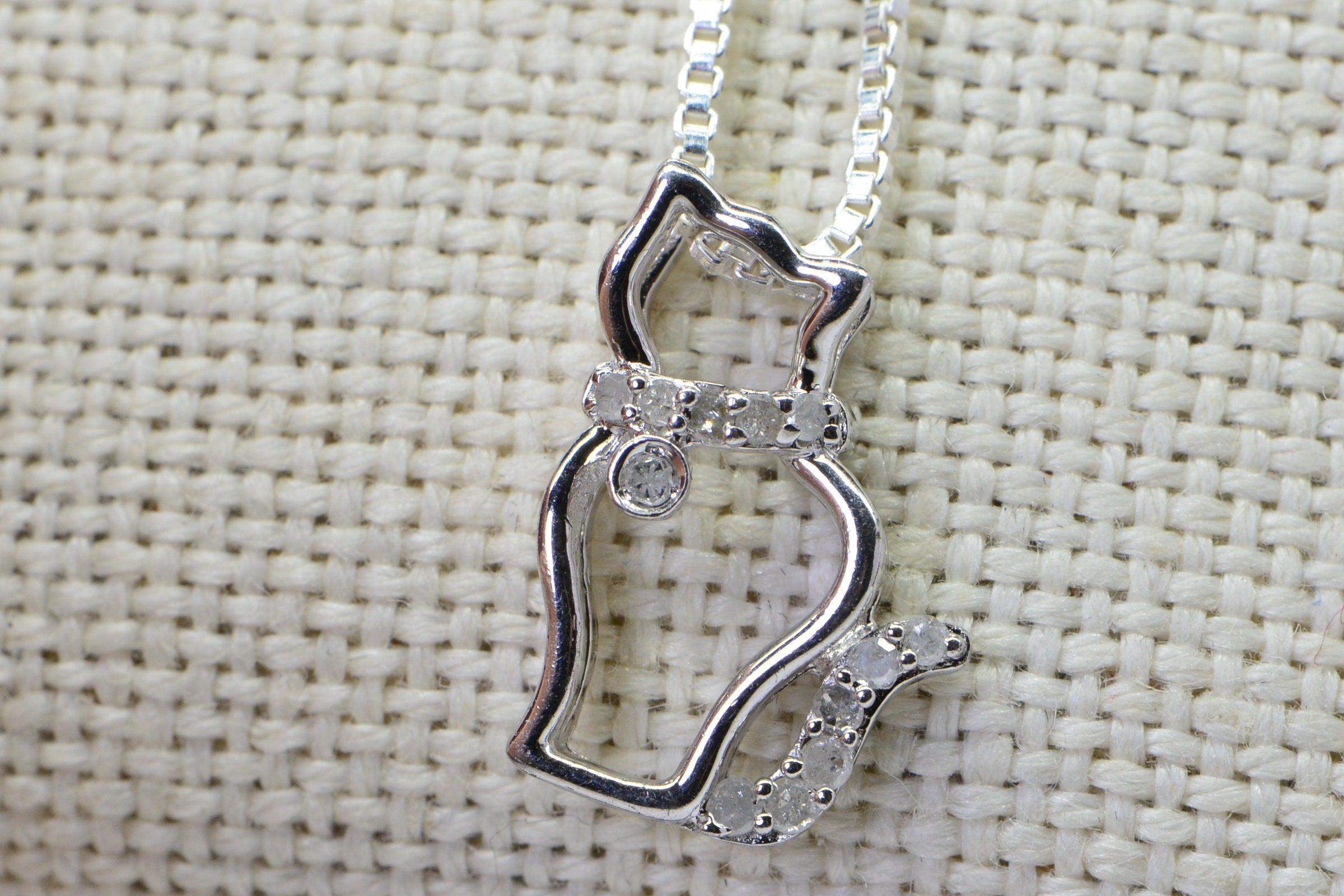 Diamond Cat Pendant: Vintage Sterling Silver Kitty Necklace
