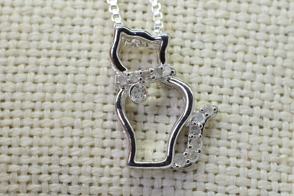 Diamond Cat Pendant: Vintage Sterling Silver Kitty Necklace