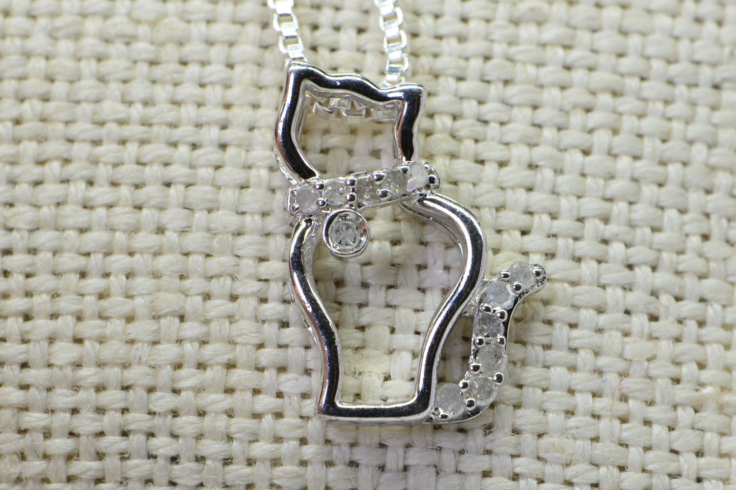 Diamond Cat Pendant: Vintage Sterling Silver Kitty Necklace