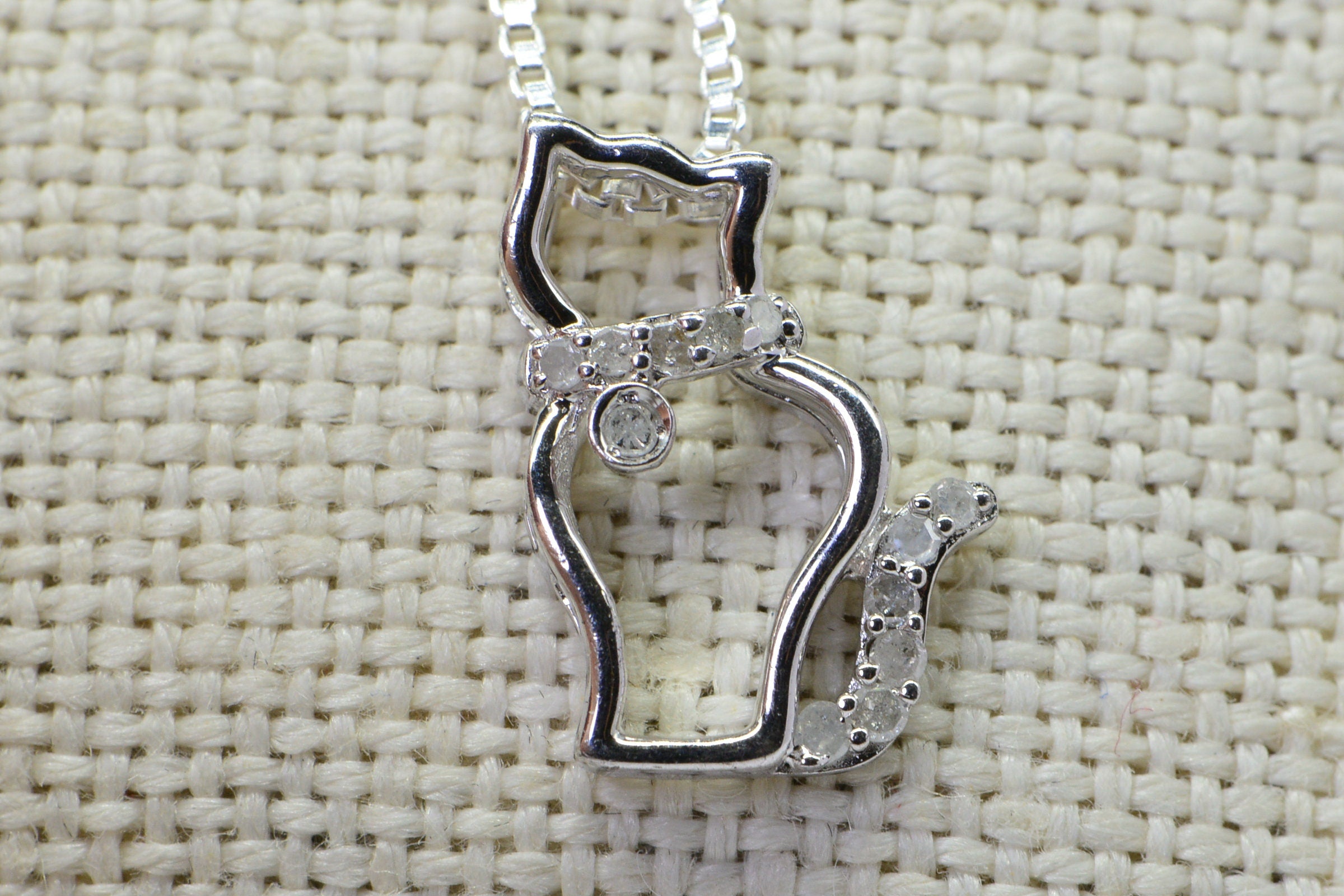Diamond Cat Pendant: Vintage Sterling Silver Kitty Necklace