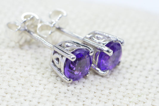 Amethyst Stud Earrings, Sterling Silver, February Birthstone