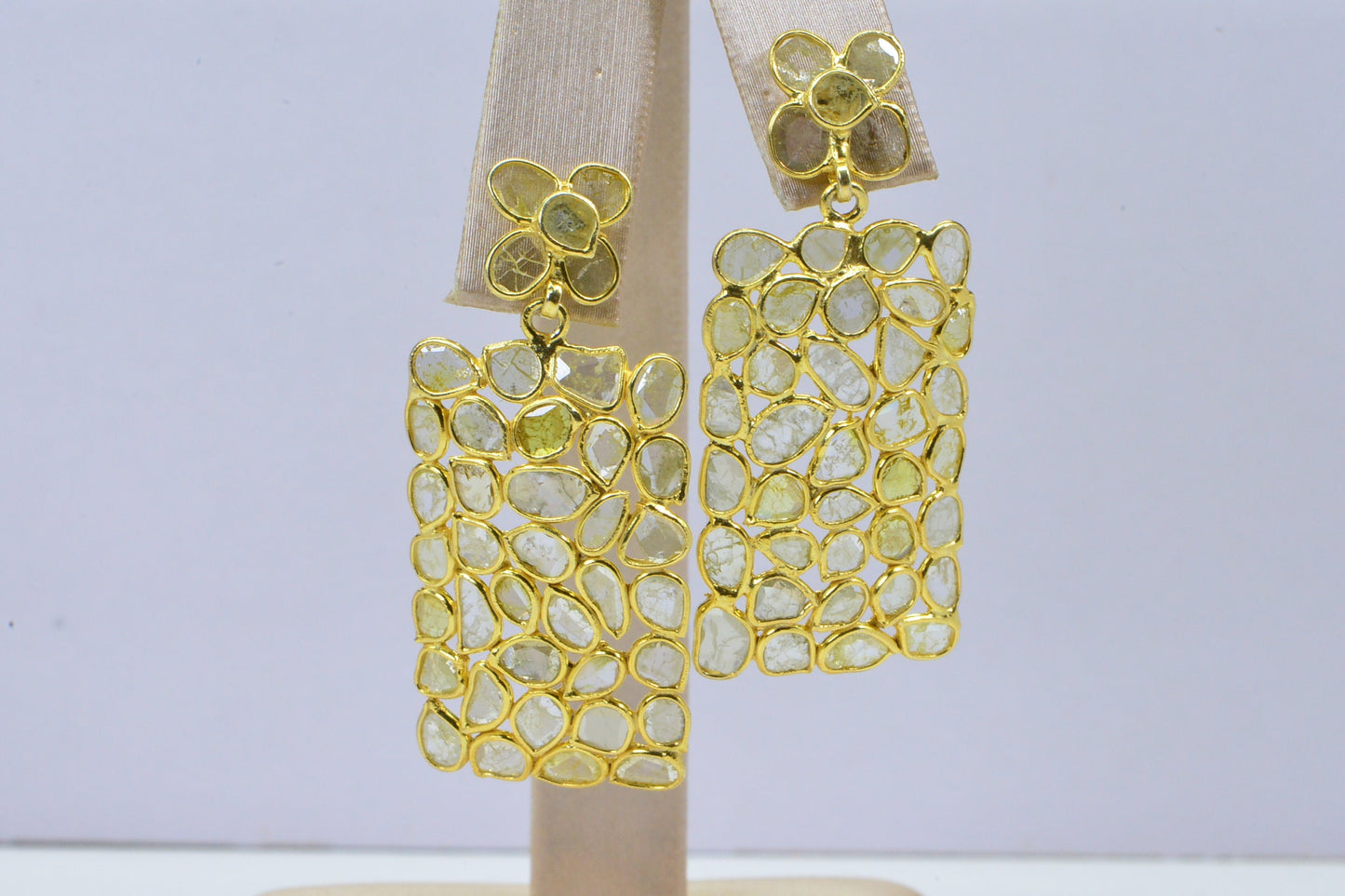Polki Diamond Earrings: 14K Gold Plated Sterling Silver Flower Studs