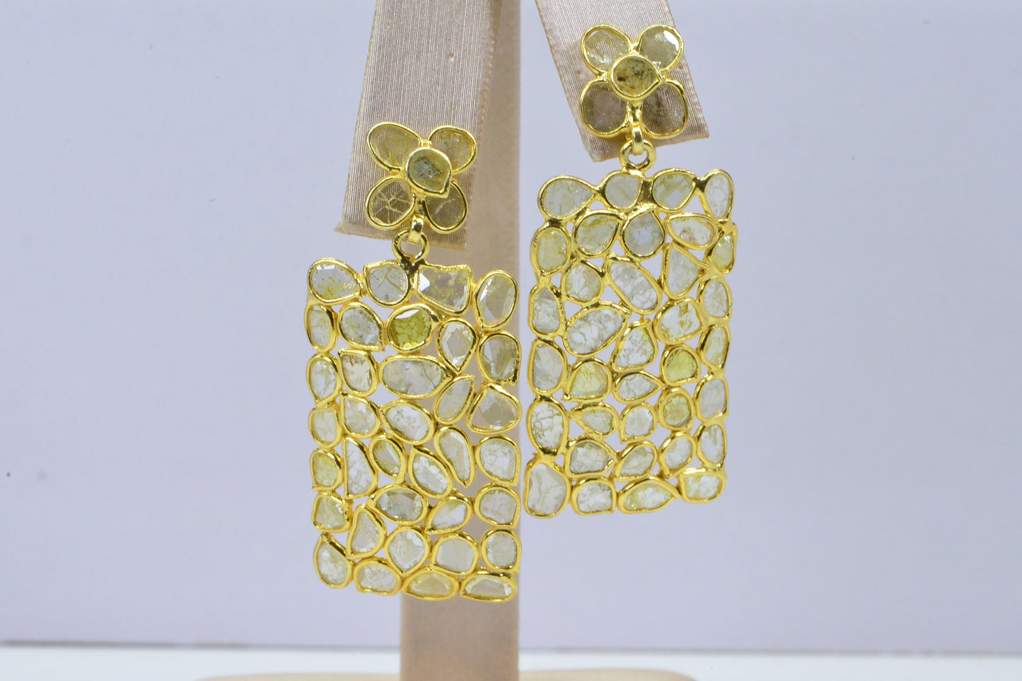 Polki Diamond Earrings: 14K Gold Plated Sterling Silver Flower Studs