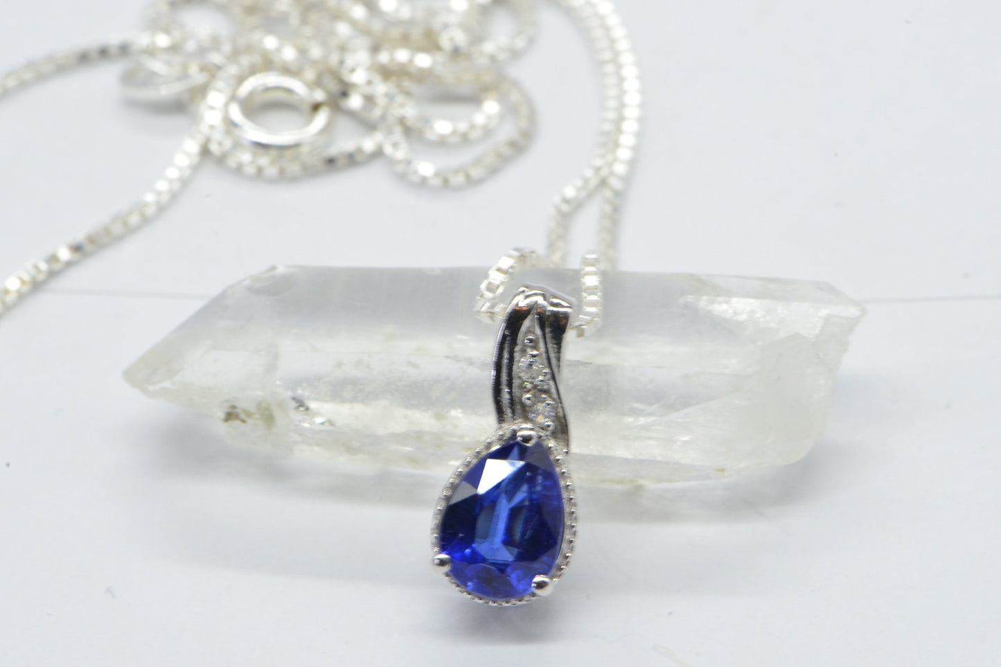Lab Sapphire Pear Pendant: Illusion Diamond Halo, Sterling Silver