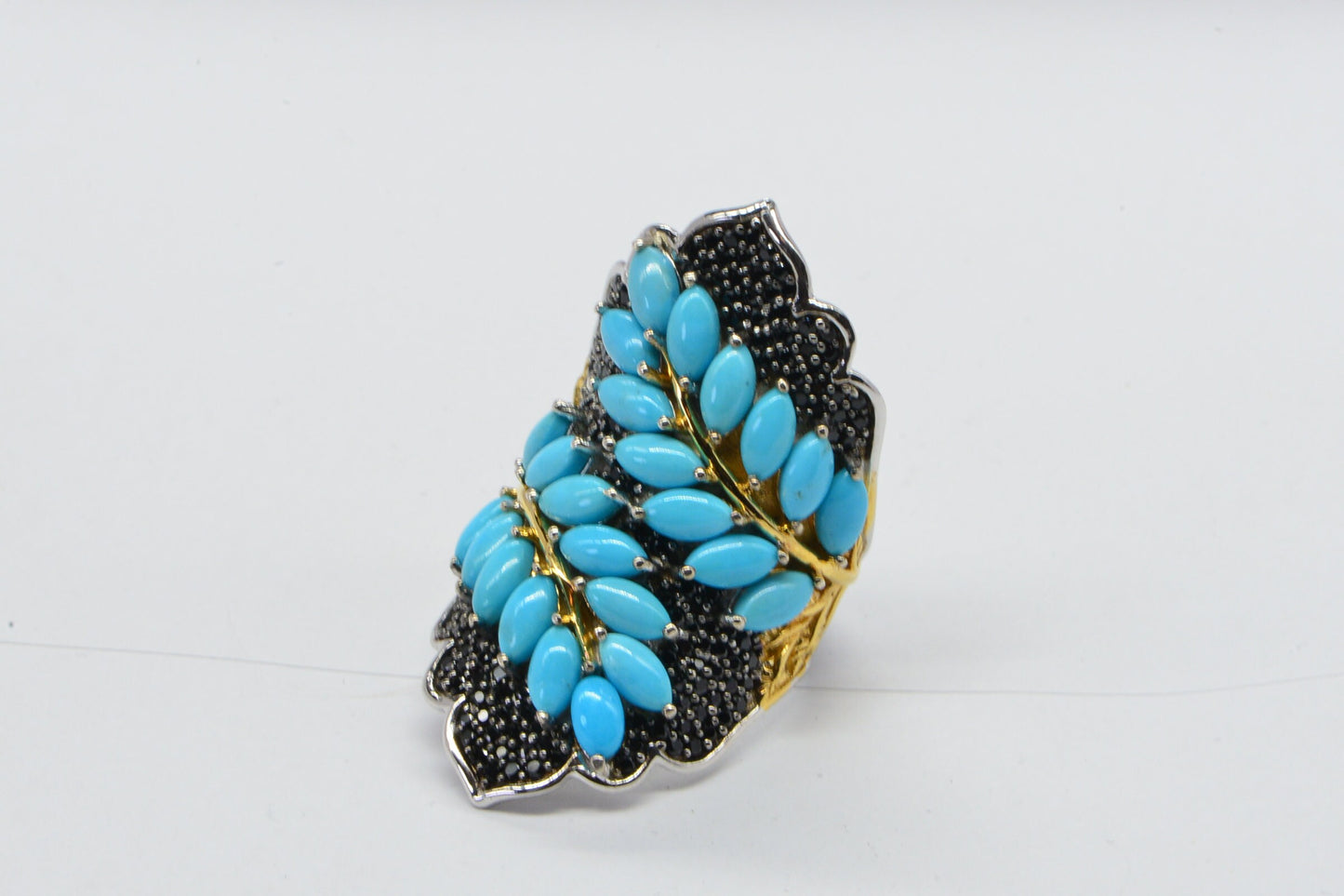 Arizona Turquoise & Black Spinel Cluster Ring, 14K Gold Over Sterling Silver