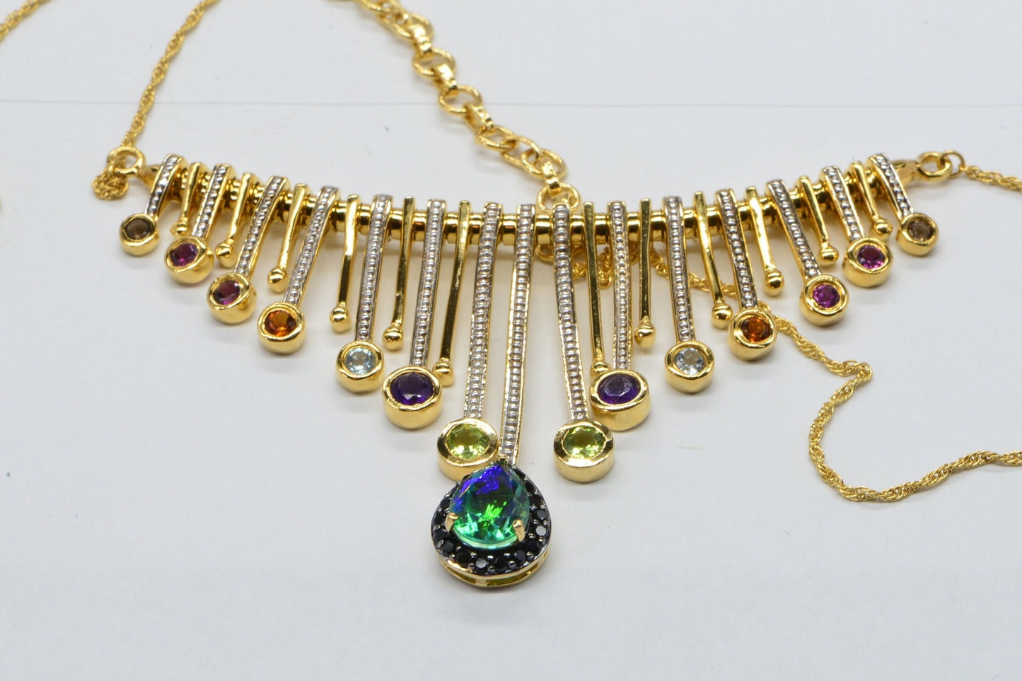 Peacock Quartz Lariat Necklace: Multi Stone 14K Gold Vermeil Fringe