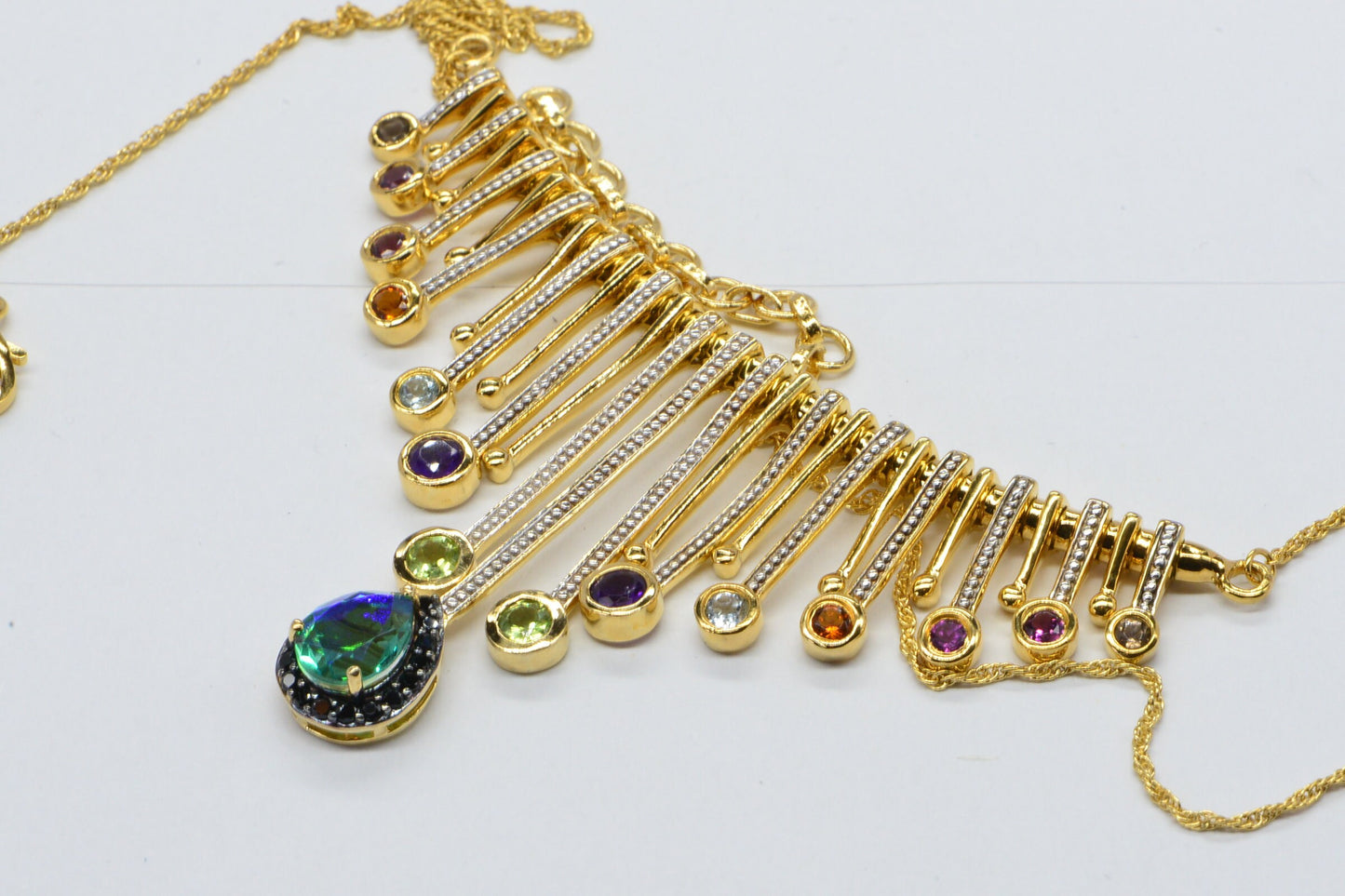Peacock Quartz Lariat Necklace: Multi Stone 14K Gold Vermeil Fringe