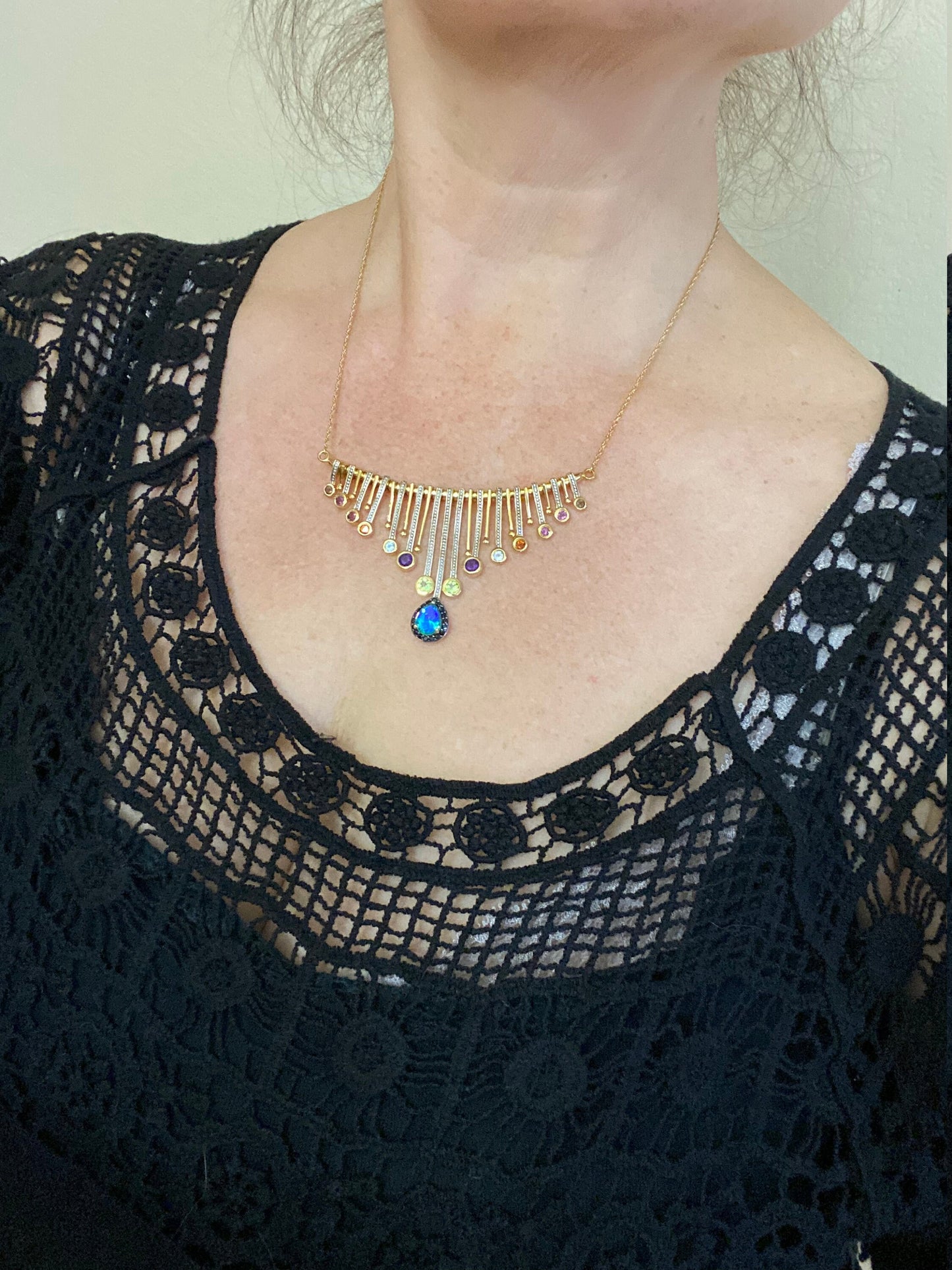 Peacock Quartz Lariat Necklace: Multi Stone 14K Gold Vermeil Fringe