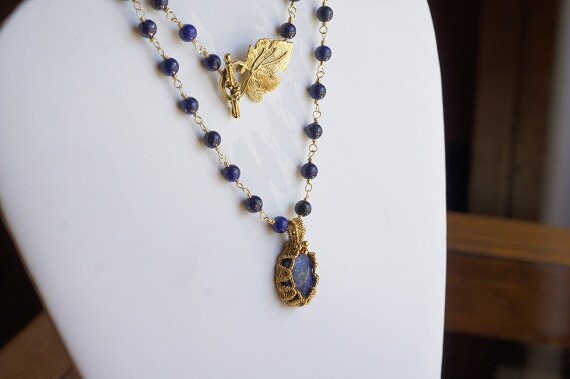 Wire Wrapped Lapis Lazuli Pendant Necklace, Gold Plated, 24 inch