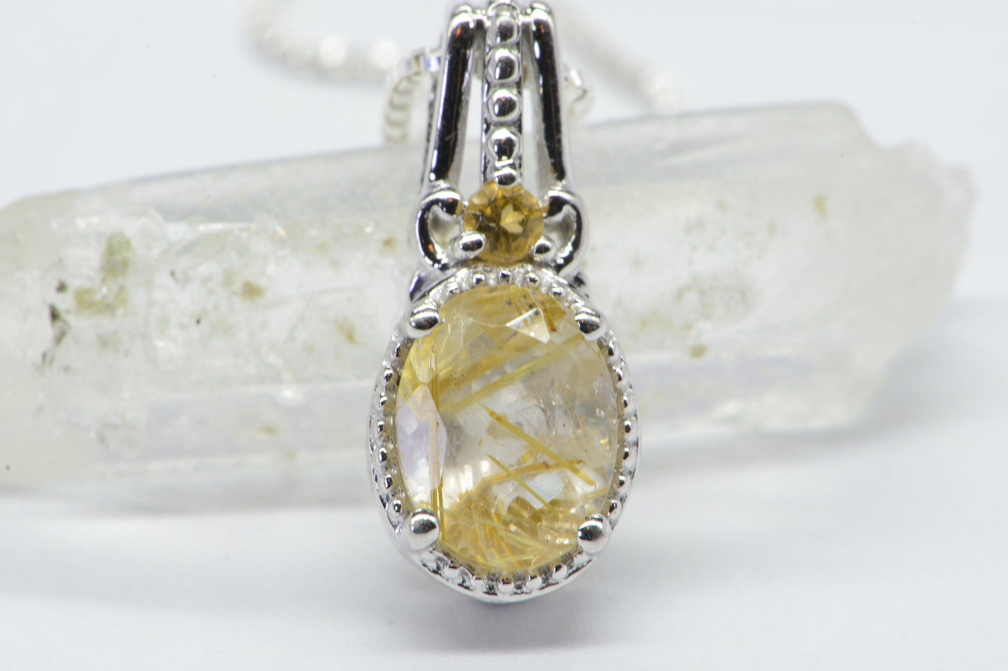 Golden Rutilated Quartz and Citrine  Sterling Silver  Pendant Necklace Extra Small Pendant