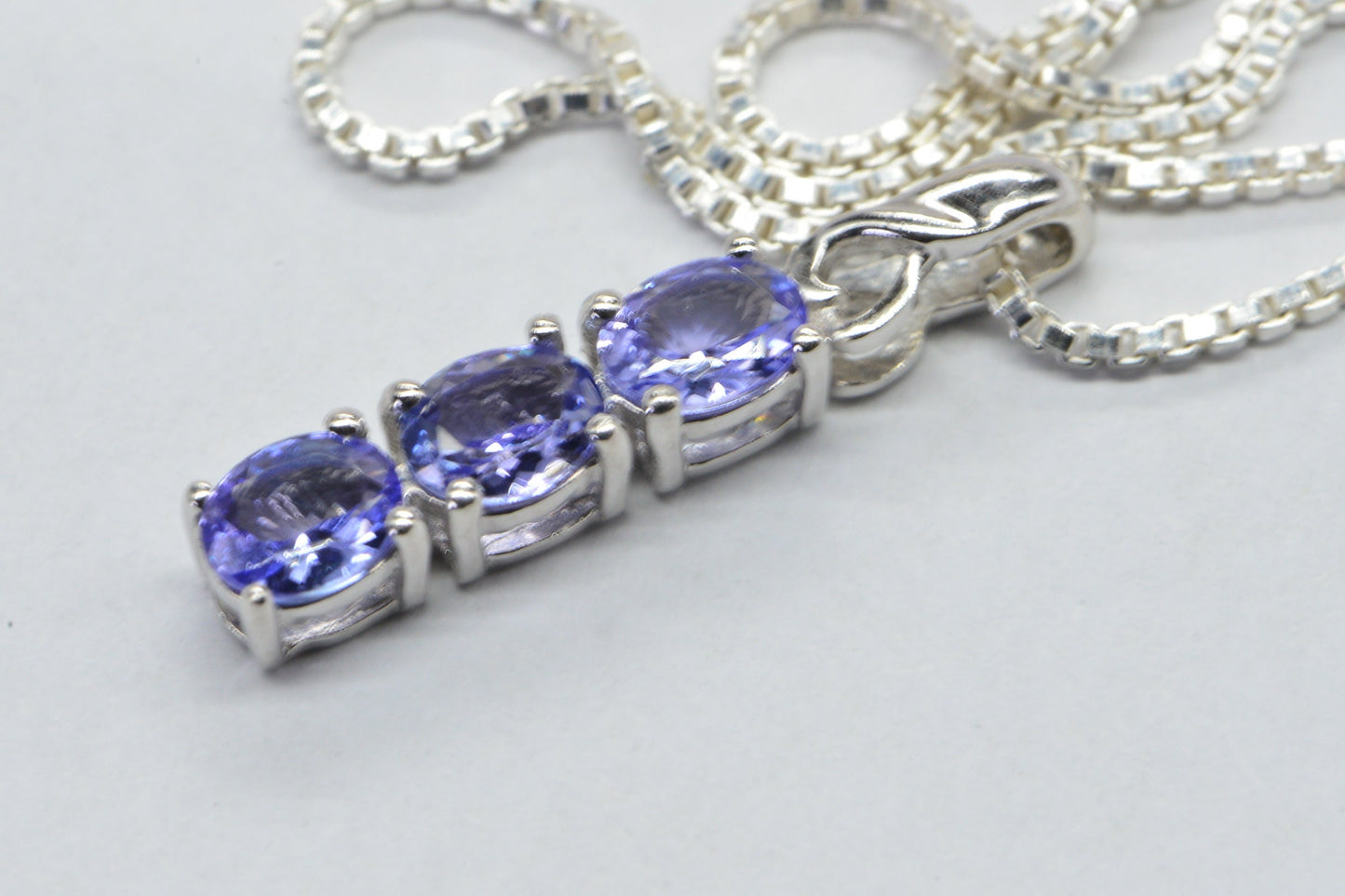 Tanzanite Three Stone Stick Pendant  Sterling silver Necklace 18 inch