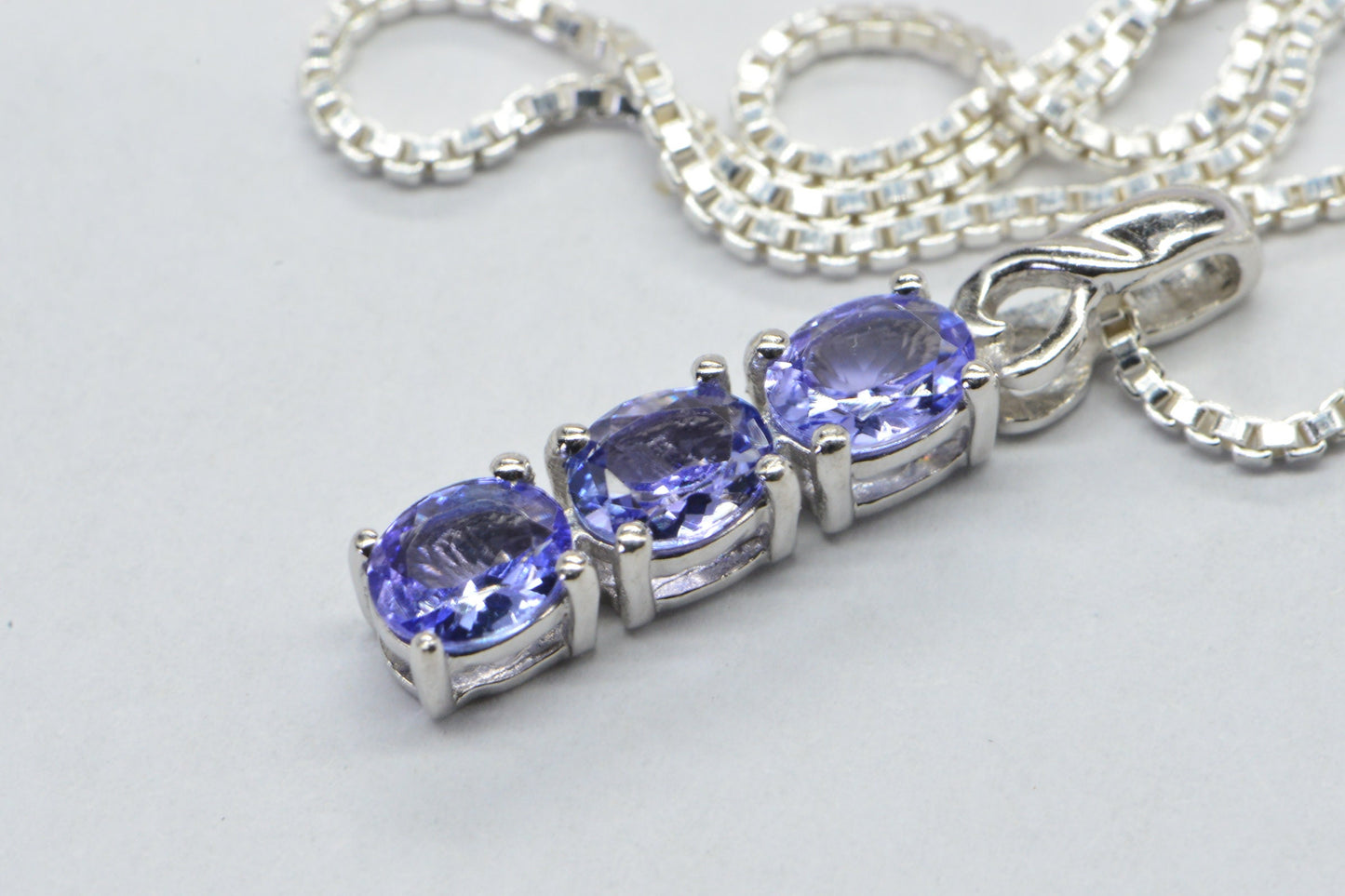 Tanzanite Three Stone Stick Pendant  Sterling silver Necklace 18 inch