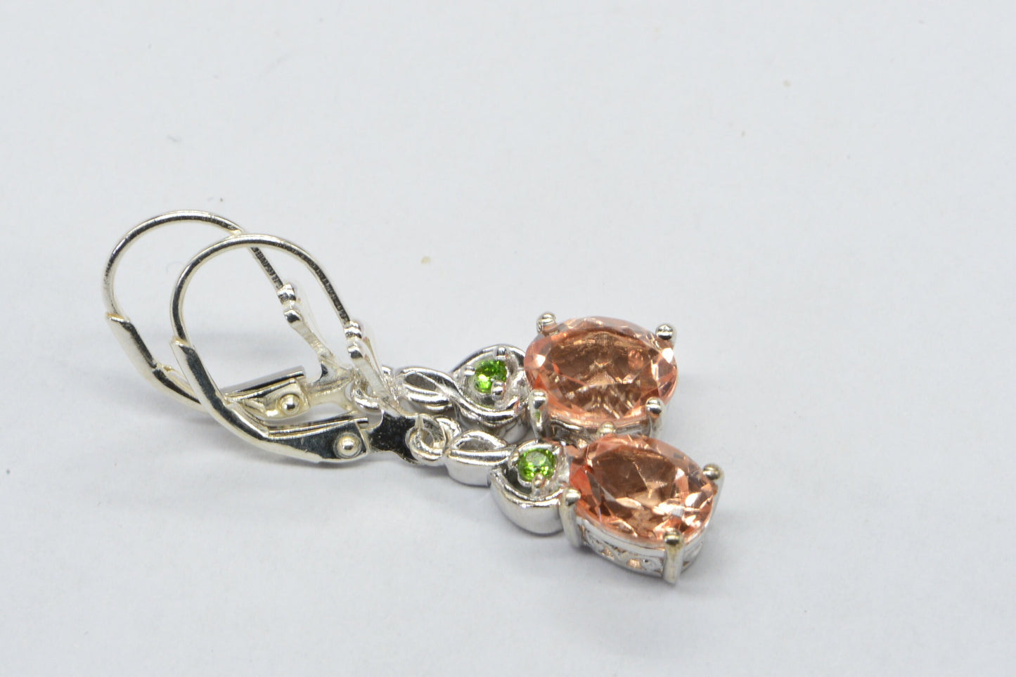Pink Morganite Teardrop Earrings, Chrome Diopside, Sterling Silver