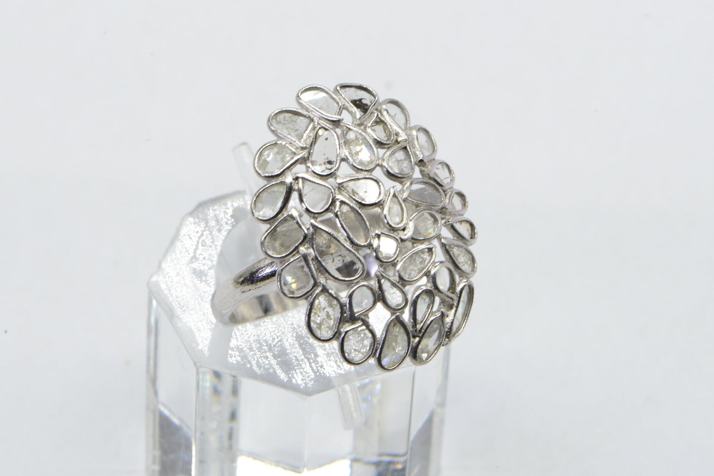 Polki Diamond Sterling Silver Ring - Vintage Multi Stone Ring, Size 8