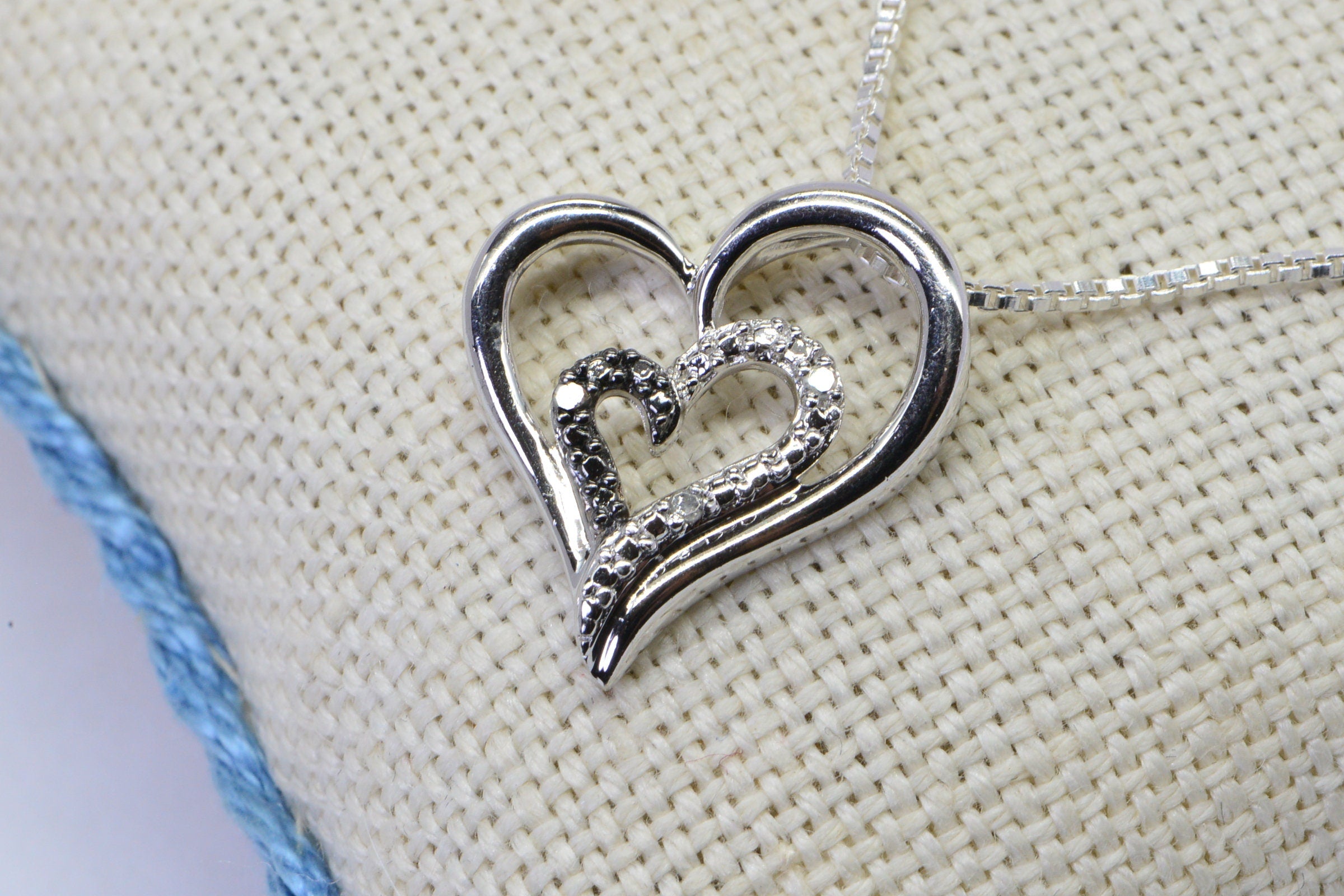 Diamond Double Heart Pendant: Sterling Silver Twisted Necklace