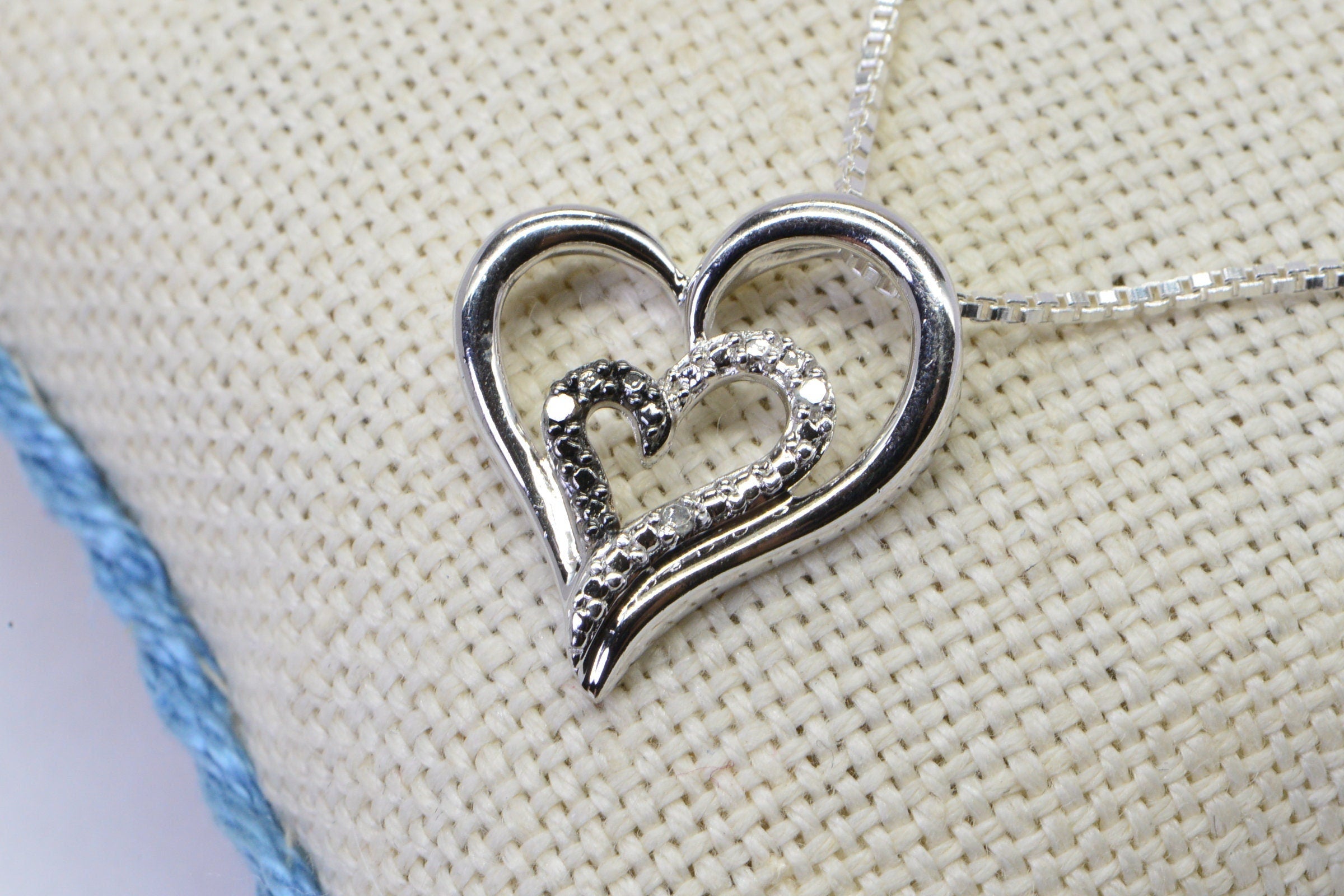 Diamond Double Heart Pendant: Sterling Silver Twisted Necklace