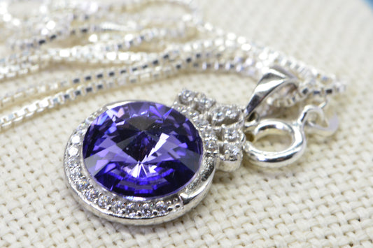 Amethyst Round Pendant Diamond Accent Sparkly Silver Necklace Swarovski Crystal Purple Pendant