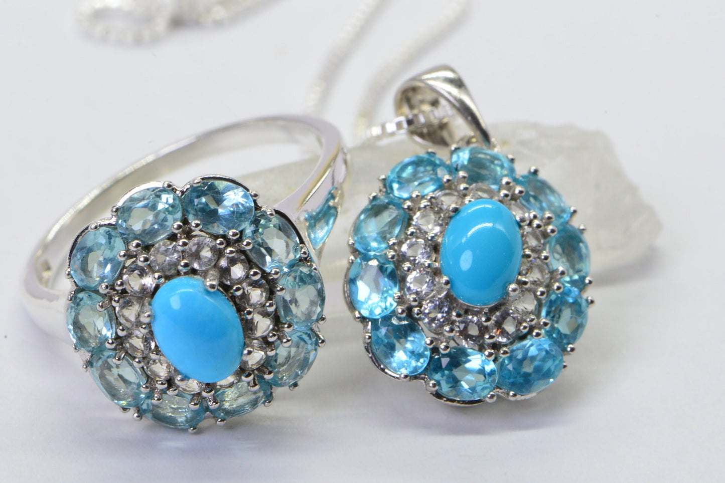 Aquamarine Arizona Turquoise Set Ring and Pendant Necklace Sterling Silver Double Halo Style Jewelry