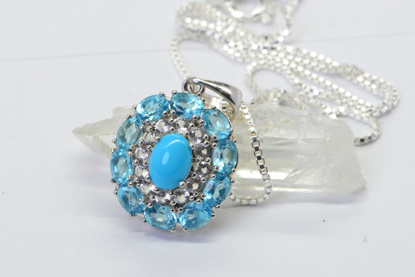 Aquamarine Arizona Turquoise Set Ring and Pendant Necklace Sterling Silver Double Halo Style Jewelry
