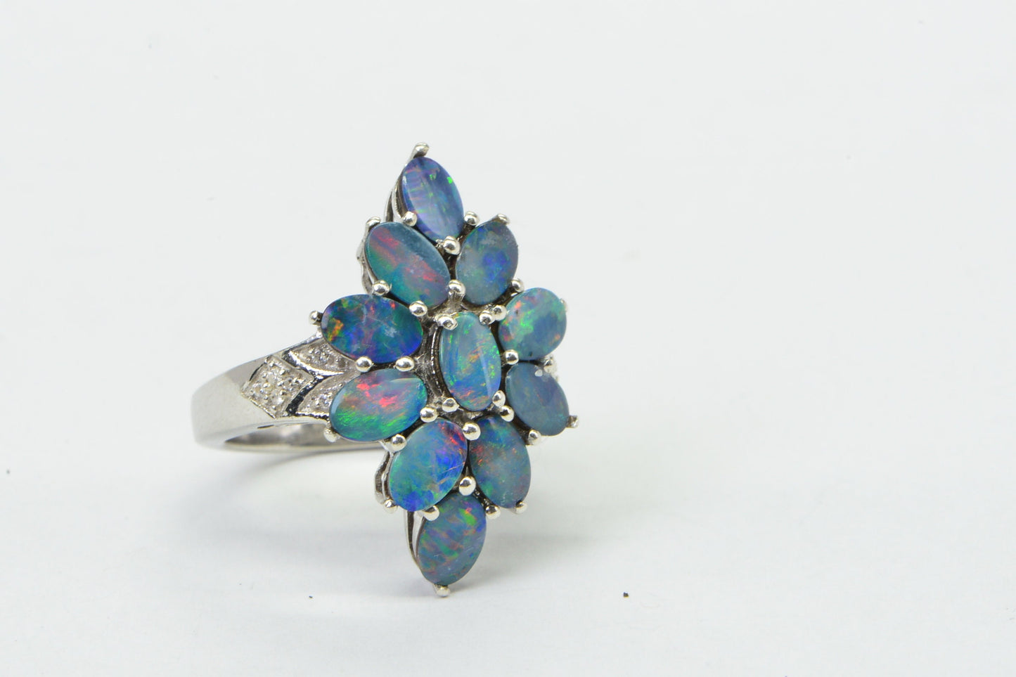 Australian Black Opal Cluster Ring Flower Design
