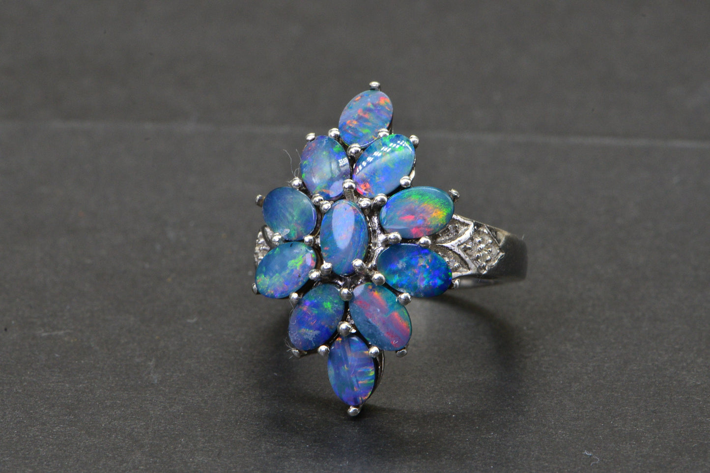 Australian Black Opal Cluster Ring Flower Design