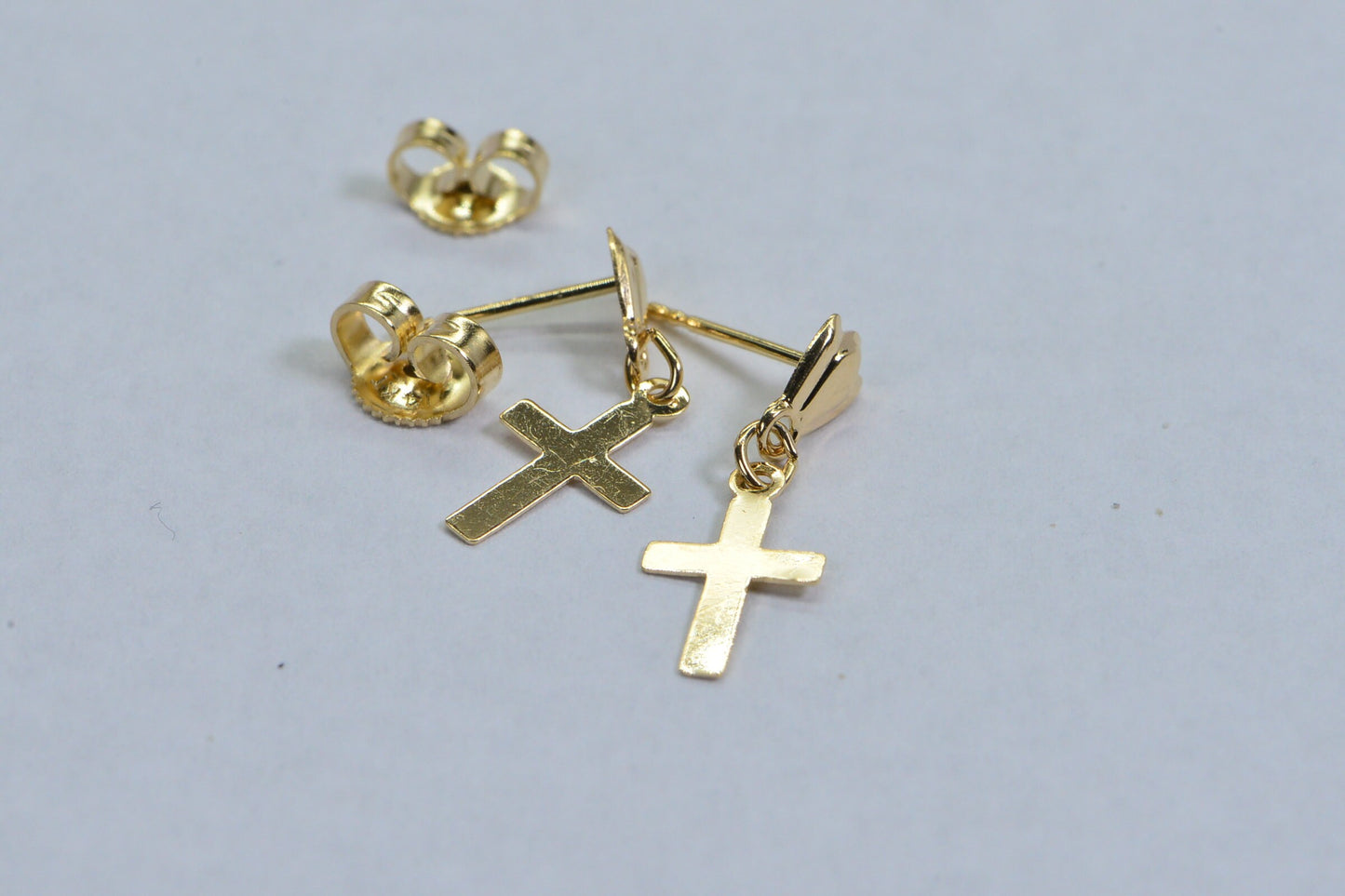 14K Yellow Gold Cross Earrings: Tiny Dangle Studs