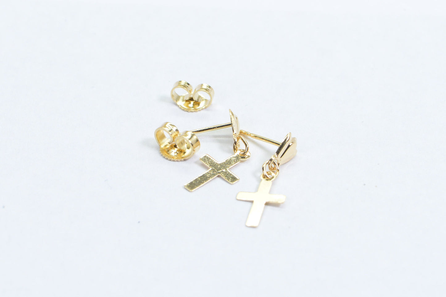 14K Yellow Gold Cross Earrings: Tiny Dangle Studs