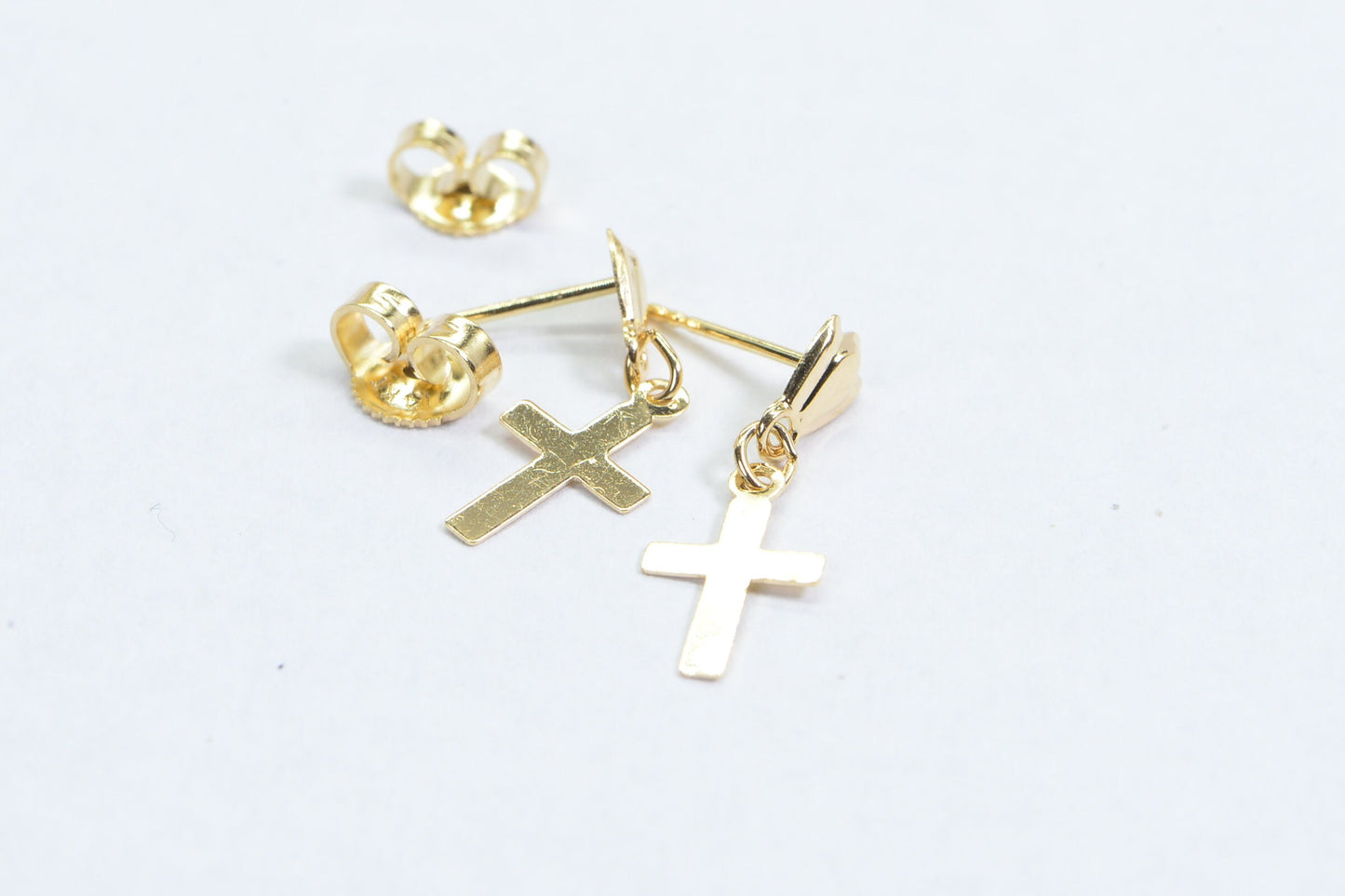 14K Yellow Gold Cross Earrings: Tiny Dangle Studs