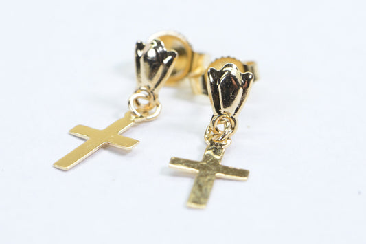 14K Yellow Gold Cross Earrings: Tiny Dangle Studs