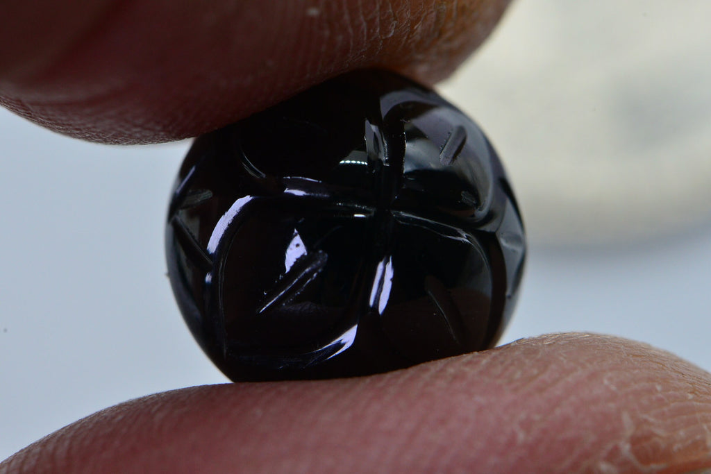 Black Tourmaline Flower Carved Gemstone: 12mm Flat Back Cabochon