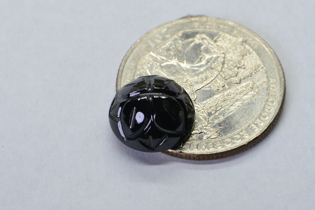 Black Tourmaline Flower Carved Gemstone: 12mm Flat Back Cabochon