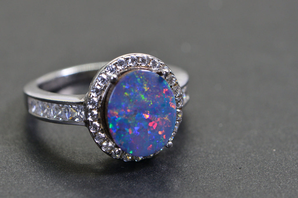 Australian Opal Ring: Sterling Silver Diamond Halo, October Birthstone