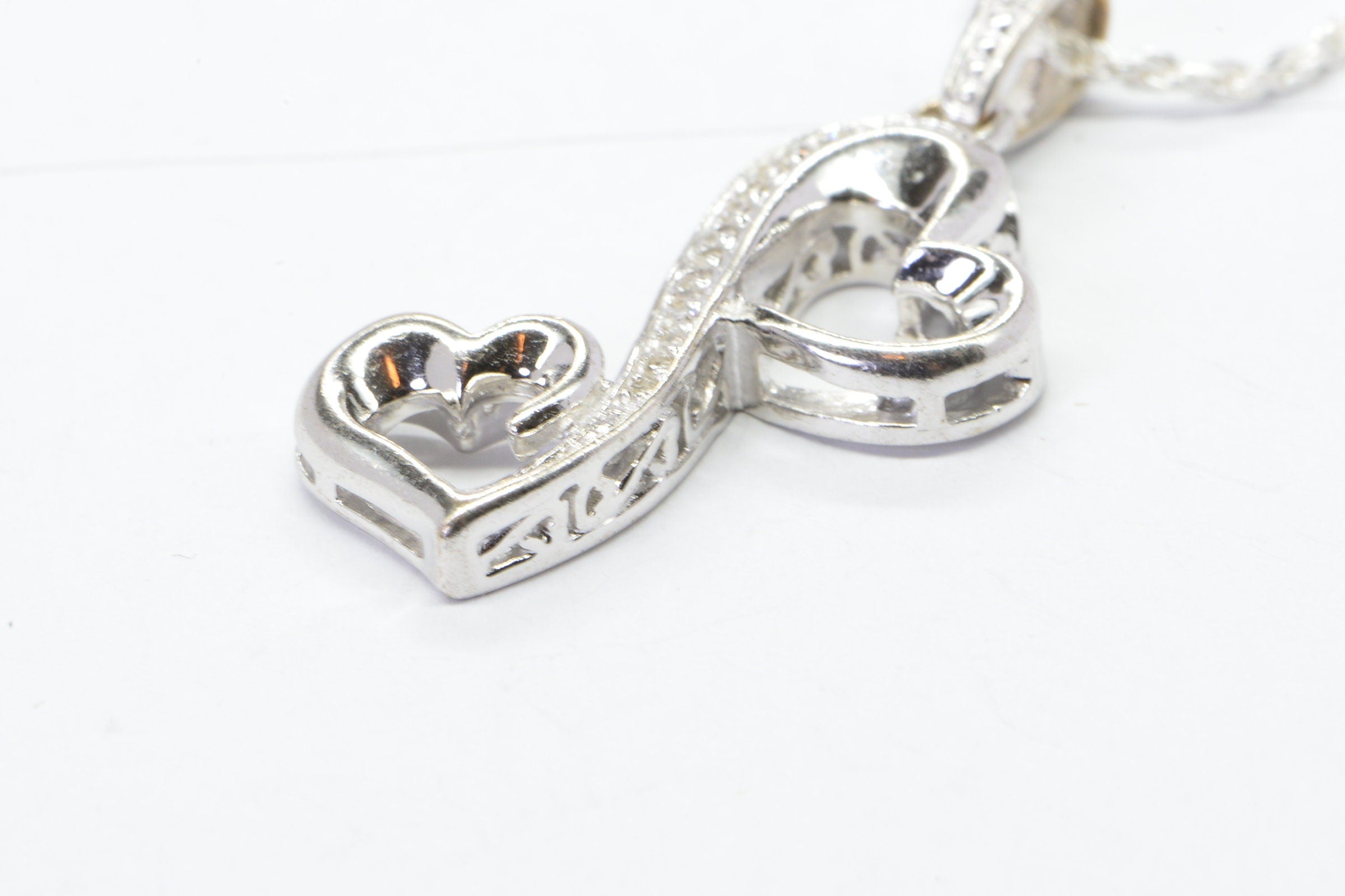 Vintage Diamond Double Heart Pendant: Sterling Silver Necklace