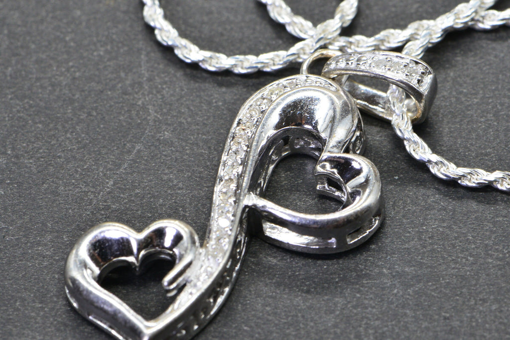 Vintage Diamond Double Heart Pendant: Sterling Silver Necklace