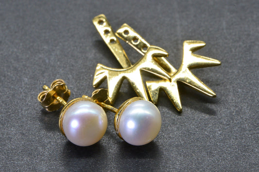 White Pearl Stud Earrings: 24K Gold Sterling Silver Jacketed Earrings