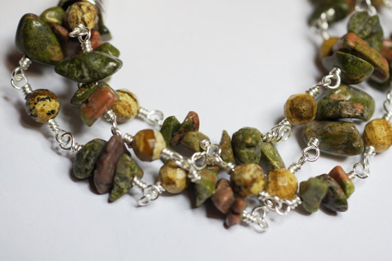 Unakite Gemstone Bracelet, Multi Strand Silver Plated Wire Wrapped Jewelry