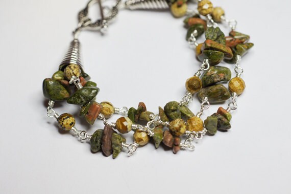 Unakite Gemstone Bracelet, Multi Strand Silver Plated Wire Wrapped Jewelry